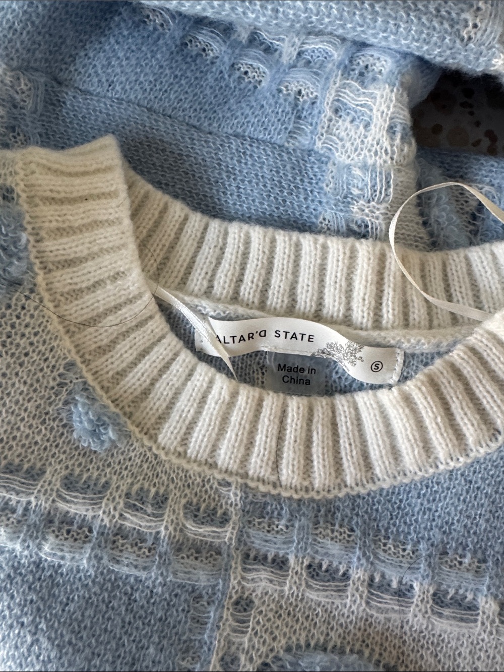 Altar'd State Light Blue & Cream Bow-Appliqué Crewneck Sweater - Picture 3 of 3